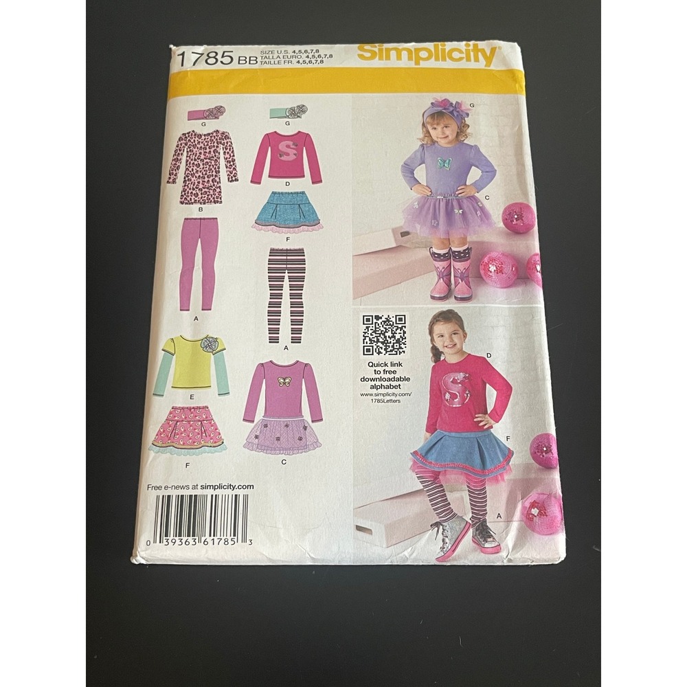 00597 - Simplicity 1785 BB Girls Clothing Pattern Sizes 4-8 Top Skirt Leggings